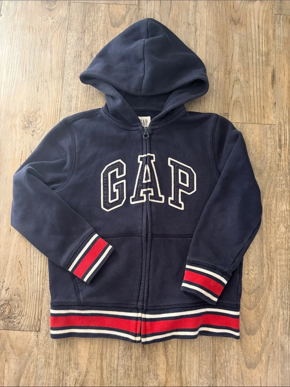 GAP Kids Navy Zip-Up Hoodie with Red & White Stripe Trim